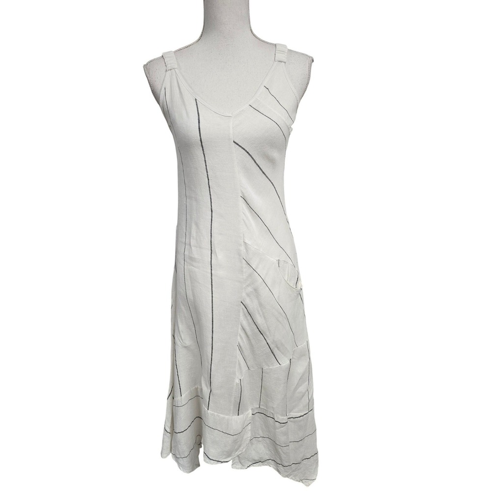 Inizio Made in Italy Linen Blend Striped Asymmetrical Midi Dress‎ White Gray S